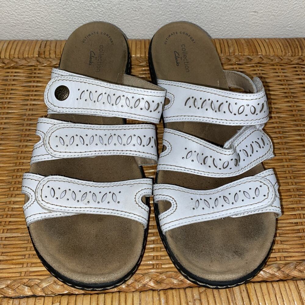 Clarks Laurieann Cove White Leather 3 Adjustable Strap Slip On Sandals Size 9